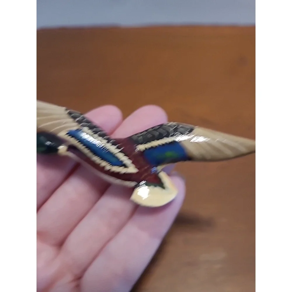 Vtg 70s Mallard Duck Brooch Pin Carved Wood Hand Painted Figural Bird Signed‎